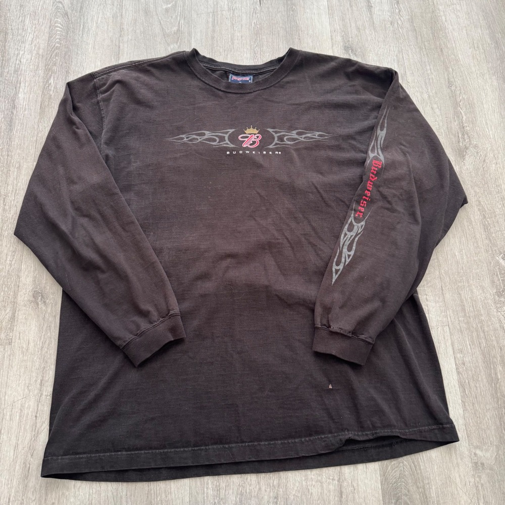 Vintage 90's Budweiser Beer Long Sleeve Shirt Black Tribal Y2K Graphic XL Mens